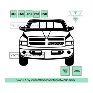 May include: Black and white vector illustration of a pickup truck, a front view. The image includes the text "DXF PNG JPG PDF SVG", "VECTOR ARTWORKSHOP", "VECTORAR", "Digital Files", and "Instant Download". The Etsy shop URL is also included.