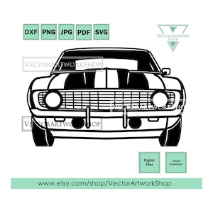 Camaro pierwsza generacja zl1, amerykański samochód typu muscle car COPO wektor, widok z przodu sylwetki, ploter tnący plazmowy cricut, grawerowanie laserowe, naklejka winylowa