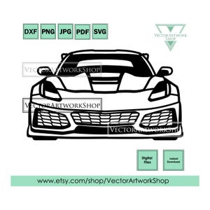 May include: Black and white line art illustration of the front of a Corvette sports car. The car has a large grille and headlights.