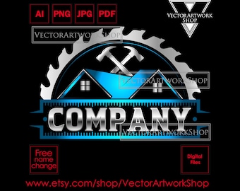 Construction logo design, house saw and hammer tools, business branding