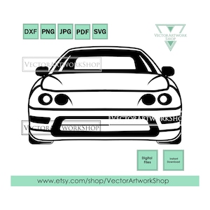 May include: Black and white line art illustration of a front view of a car. The car has a rounded front bumper and headlights. The image is a digital download.
