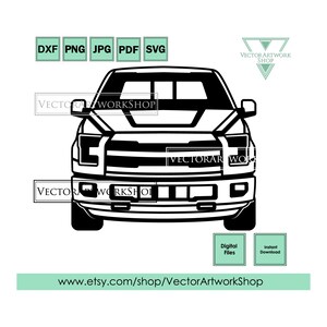 May include: Black and white line art illustration of a pickup truck viewed from the front. The truck has a large grille and headlights. The image is suitable for use as a cut file for crafting projects.