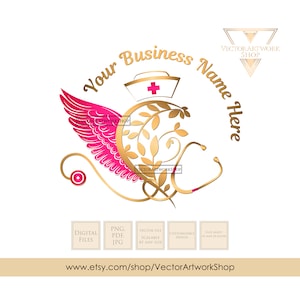 nurse angel wings logo, scrubs logo, nurse hat heart angel wings logo gold pink, nurse hat angel logo, health logo nurse angel wings floral