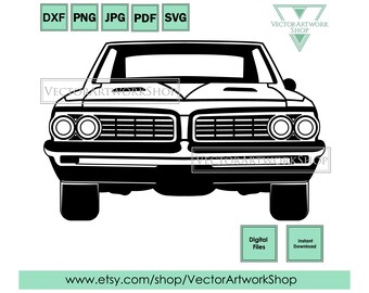May include: Black and white silhouette of a classic car, showing the front grill and headlights. The car is facing the viewer. The image is a digital download.