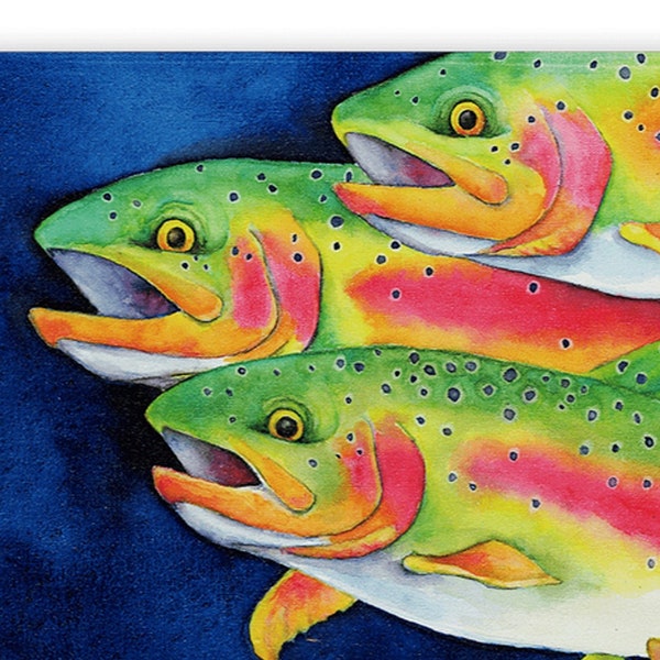 Whimsical watercolor rainbow trout print on metal, can be hung inside or outside - original artwork by Karen Savory