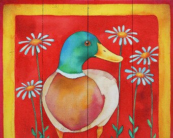 Whimsical Duck Watercolor Print on Wood, Original Artwork