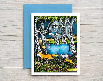 Whimsical Animals Notecard, Block Print and Watercolor, Forest Scene