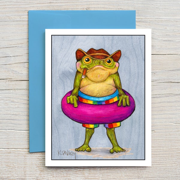 Whimsical cowboy frog card in swim suit, from original art by Karen Savory