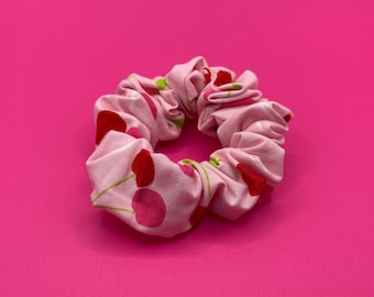 Cherry Print Scrunchie: Handmade Red & Pink Cotton Hair Tie