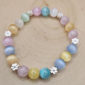 mixed color calcite, sterling silver flowers, gemstone, stretch bracelet, rainbow, pastel, colorful, rare beads