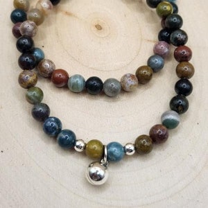 6 mm Ocean Jasper, sterling silver bell charm, sterling silver 4 mm beads, stretch bracelet, double bracelet set, genuine gemstone,