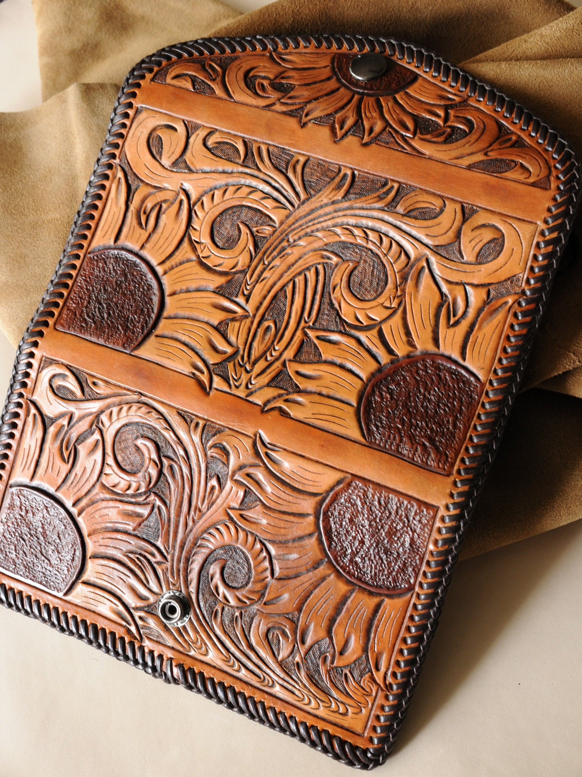 Whale and Waves Hand Tooled Hand Craved Small Wallet 