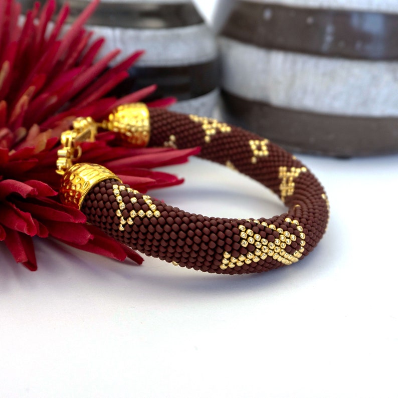 Dark brown lv bead crochet bracelet LV beaded bracelet Famous jewelry Stylish bead crochet bracelet Gift for Her