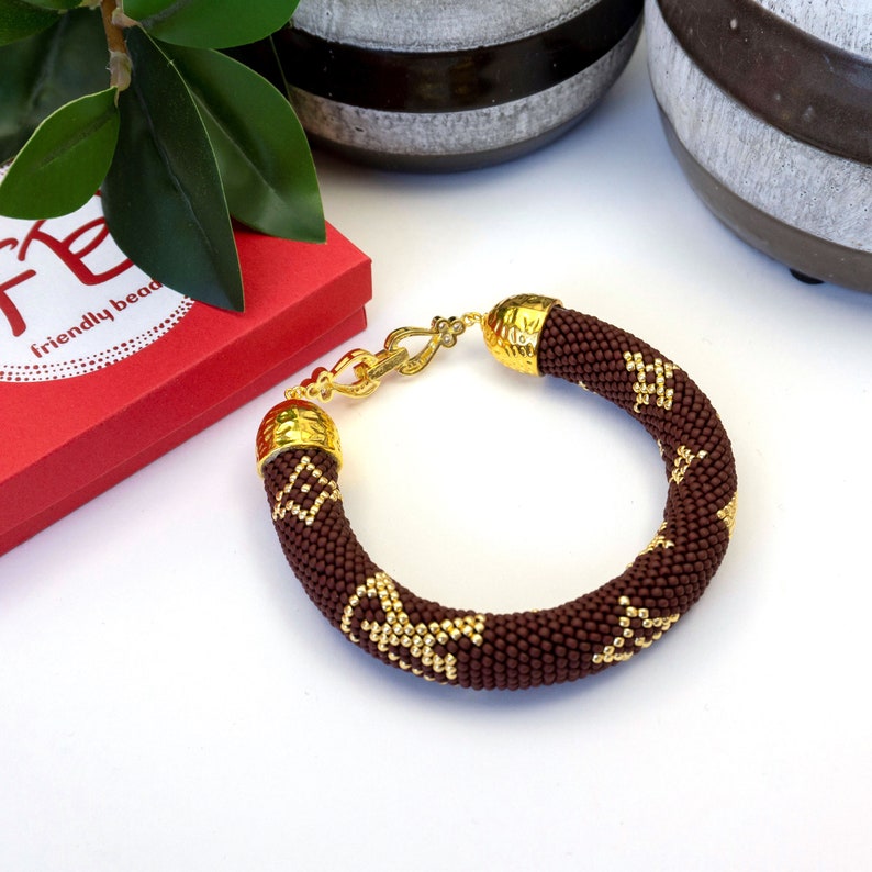 Dark brown lv bead crochet bracelet LV beaded bracelet Famous jewelry Stylish bead crochet bracelet Gift for Her