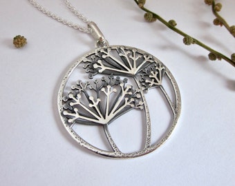 Wild Flower Silver Pendant on chain, sterling silver necklace, Queen Annes Lace