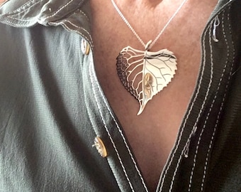 Handmade Silver Leaf Pendant Necklace: Pierced Nature Jewelry