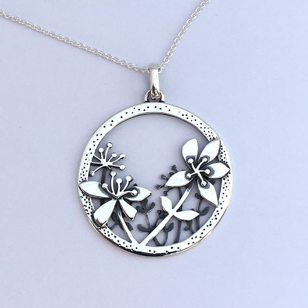 Wildflower Pendant Necklace, Handcrafted silver jewellery, hand-pierced, sterling silver necklace, botanical jewellery