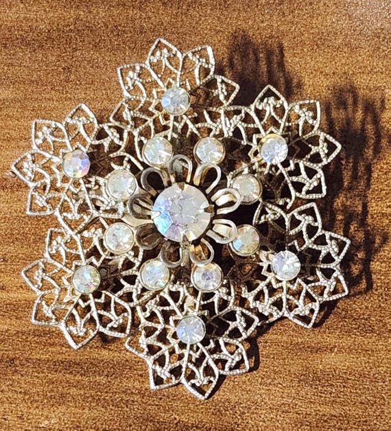 Flower Snowflake Openwork Aurora Rhinestones Vint… - image 1