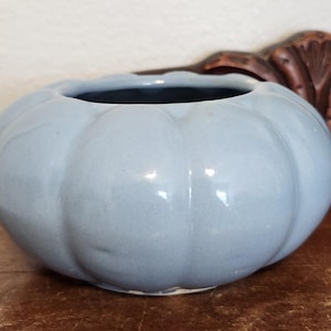 May include: A light blue ceramic bowl with a pumpkin-like shape. The bowl has a smooth, glossy finish and a dark interior. The bowl is sitting on a wooden surface.