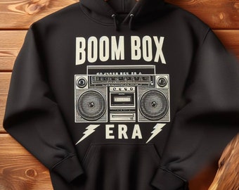 BOOMBOX ERA HOODIE by Drez William /// White on Black Urban music lover Golden era of hiphop Three-Panel Fleece Hoodie
