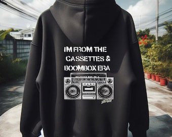 BOOMBOX ERA HOODIE 1990 by Drez William / from the Cassettes White on Black Urban music lover Golden era of hiphop Three-Panel Fleece Hoodie