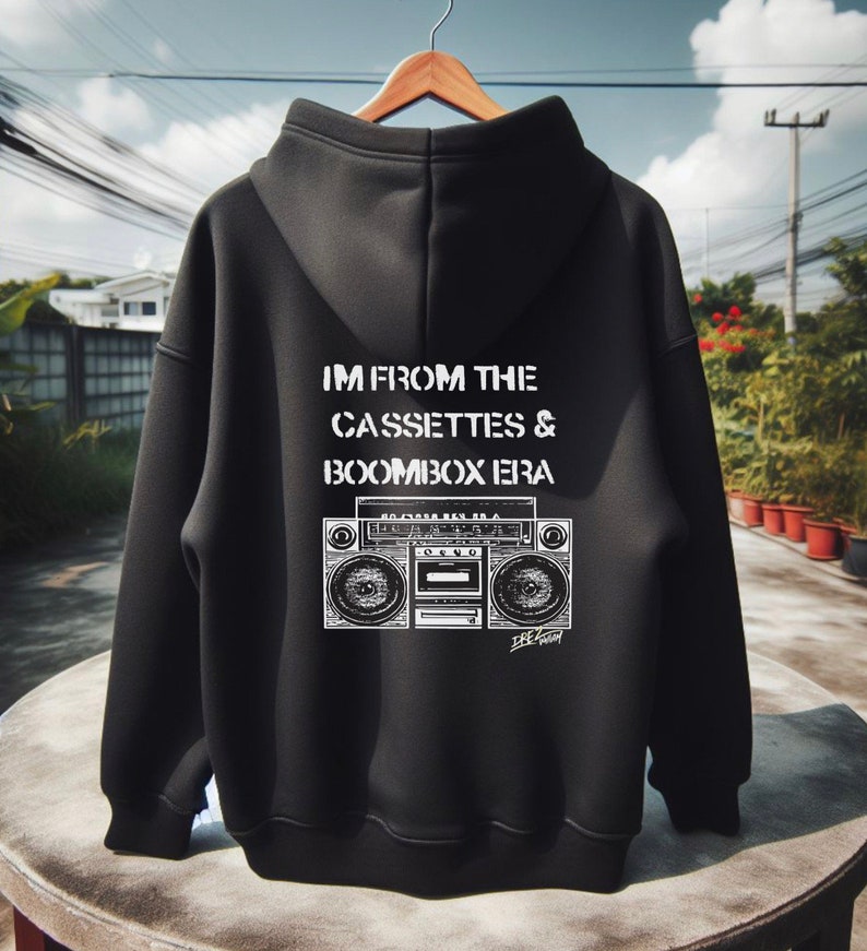 BOOMBOX ERA HOODIE 1990 by Drez William / from the Cassettes White on Black Urban music lover Golden era of hiphop Three-Panel Fleece Hoodie image 1