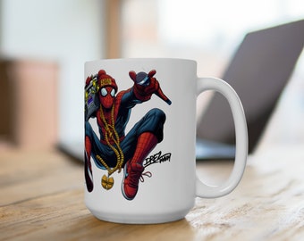 Swinging through with the Hip Hop Spidey Ceramic Mug 15oz comic gift hiphop gift spiderman item for comic fan urban
