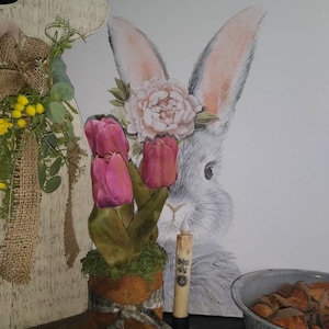 Primitive Spring Tulips,  easter, floral, country garden, gardening, flower pot, spring flowers, primitive decor, farmhouse, country