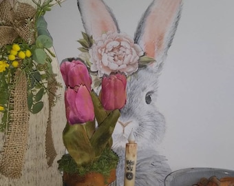 Primitive Spring Tulips,  easter, floral, country garden, gardening, flower pot, spring flowers, primitive decor, farmhouse, country