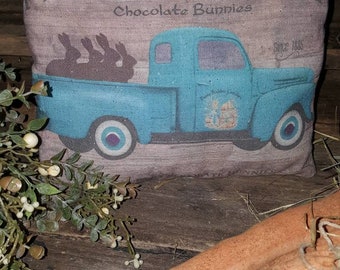 Peter Rabbit,Primitive bunny, rabbit pillow, chocolate, country home, pillow tuck, easter,spring, blue truck,farmhouse,rustic decor, carrots