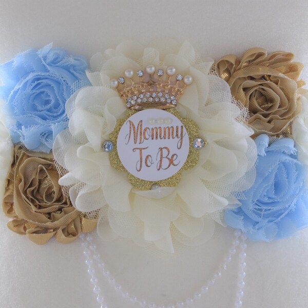 Gold Blue Ivory Maternity Sash, Champagne Belly Sash, Vintage Ivory Flower Sash, Blue Gold Sash Belt, Cream Baby Shower Sash, Custom Sash