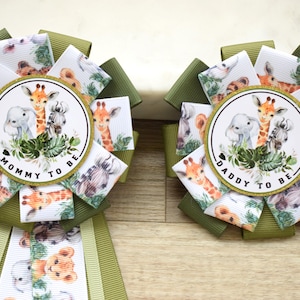 Jungle Safari Baby Shower, Boy Corsage Pins, Mommy To Be Ribbon, Daddy To Be Badge