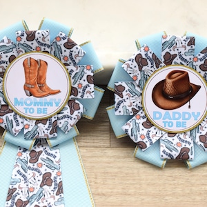 Blue Cowboy Baby Shower, Cowboy Parent Corsage Pins, Mommy To Be Ribbon, Daddy To Be Badge Pin