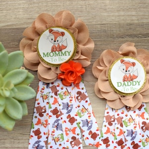 Fox Animal Baby Shower, Woodland Parent Corsage Pins, Mommy To Be Ribbon, Daddy To Be Badge Pin
