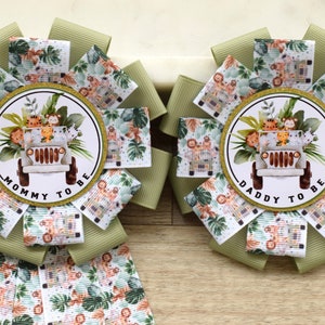 Safari Baby Shower, Boy Corsage Pins, Mommy To Be Ribbon, Daddy To Be Badge