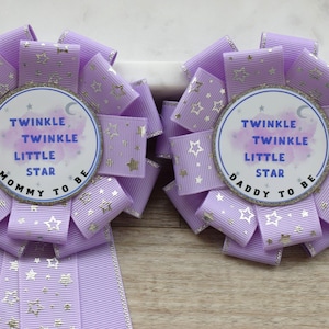 Lavender Twinkle Twinkle Little Star Baby Shower, Star Parent Corsage Pins, Mommy To Be Ribbon, Daddy To Be Badge Pin