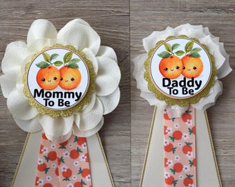 Two Little Cuties Baby Shower, Little Cuties Are On The Way, Orange Parent Corsage Pins, Mommy To Be Ribbon, Daddy To Be Badge Pin