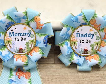 Dinosaur Baby Shower, Boy Corsage Pins, Mommy To Be Ribbon, Daddy To Be Badge