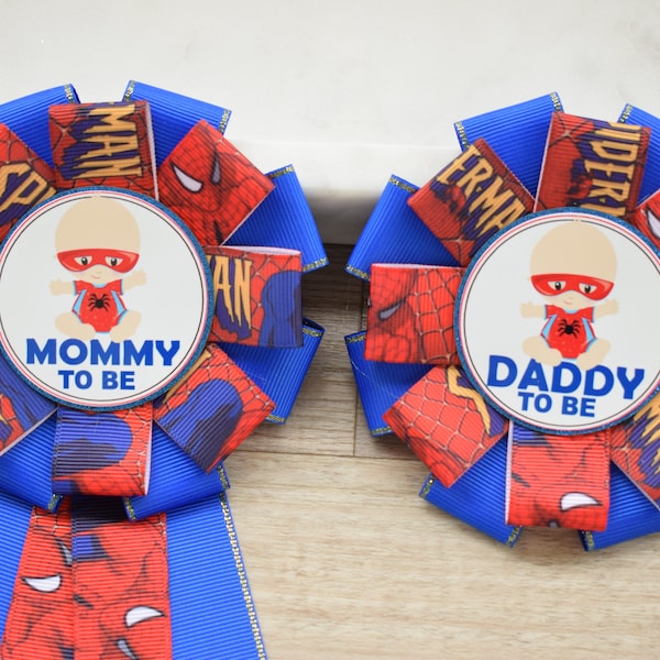 Superhero Baby Shower, Parent Corsage Pins, Mommy To Be Ribbon, Daddy To Be Badge Pin