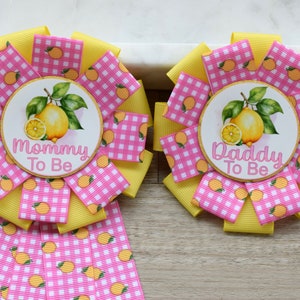 Lemonade Baby Shower, Pink Lemon Parent Corsage Pins, Mommy To Be Ribbon, Daddy To Be Badge Pin
