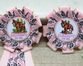 Pink Cowgirl Baby Shower, Girl Cowboy Parent Corsage Pins, Mommy To Be Ribbon, Daddy To Be Badge Pin