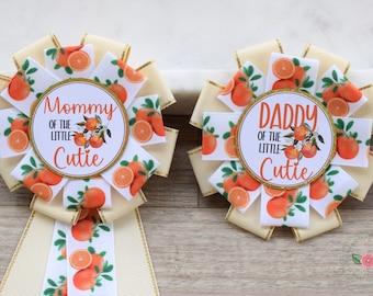 Orange Baby Shower, A Little Cutie Is On The Way, Parent Corsage Pins, Mommy To Be Ribbon, Daddy To Be Badge Pin