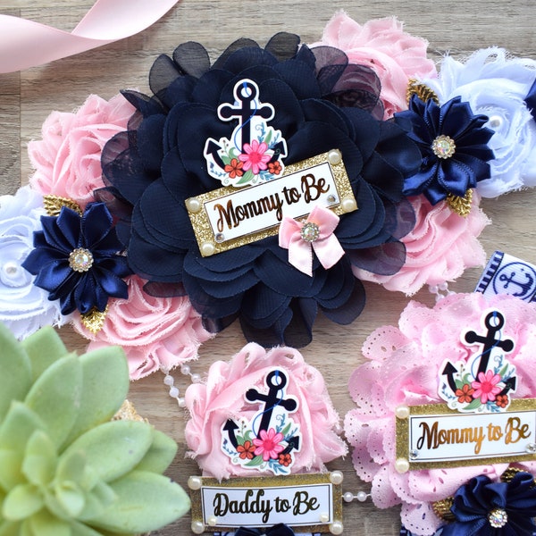 Girl Nautical Baby Shower, Pink Navy Maternity Sash, Floral Navy Flower Sash, Anchor Maternity Sash, Ahoy Baby Shower, Nautical Belly Sash