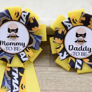 Superhero Baby Shower, Parent Corsage Pins, Mommy To Be Ribbon, Daddy To Be Badge Pin