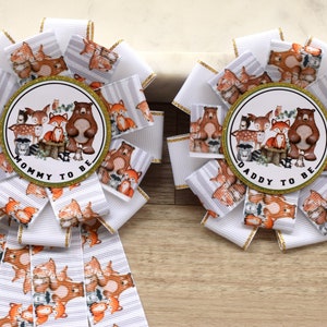 Woodland Animal Baby Shower, Woodland Parent Corsage Pins, Mommy To Be Ribbon, Daddy To Be Badge Pin