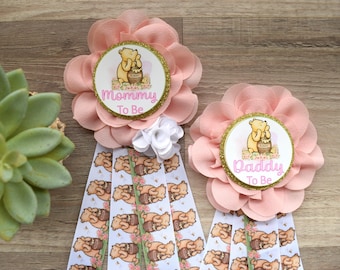 Girl Winnie The Pooh Baby Shower, Pink Classic Winnie Parent Corsage Pins, Mommy To Be Ribbon, Daddy To Be Badge