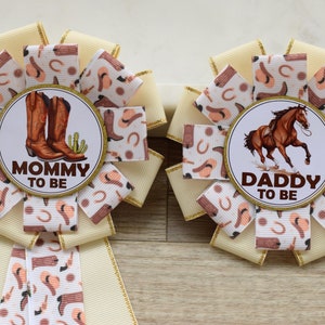 Baby Shower de vaquero, prendedores de ramillete para padres vaqueros, cinta para futura mamá, prendedor de insignia para futuro papá