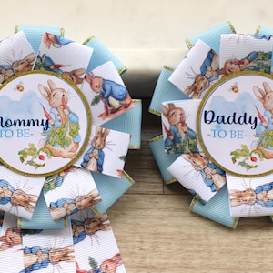Blue Peter Rabbit Baby Shower, Boy Rabbit Corsage Pins, Mommy To Be Ribbon, Daddy To Be Badge Pin