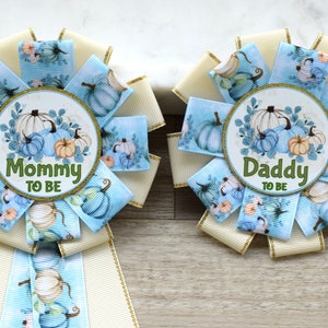 Boy Pumpkin Baby Shower, Blue Parent Corsage Pins, Mommy To Be Ribbon, Daddy To Be Badge