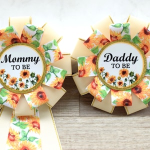 Sunflower Baby Shower, Neutral Sunflower Parent Corsage Pins, Mommy To Be Ribbon, Daddy To Be Badge Pin
